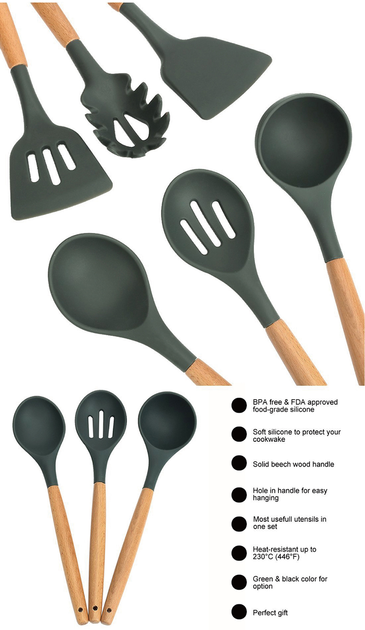 New Custom Marble Speckled Silicone Kitchenware Wooden Handle Cooking Utensil Set