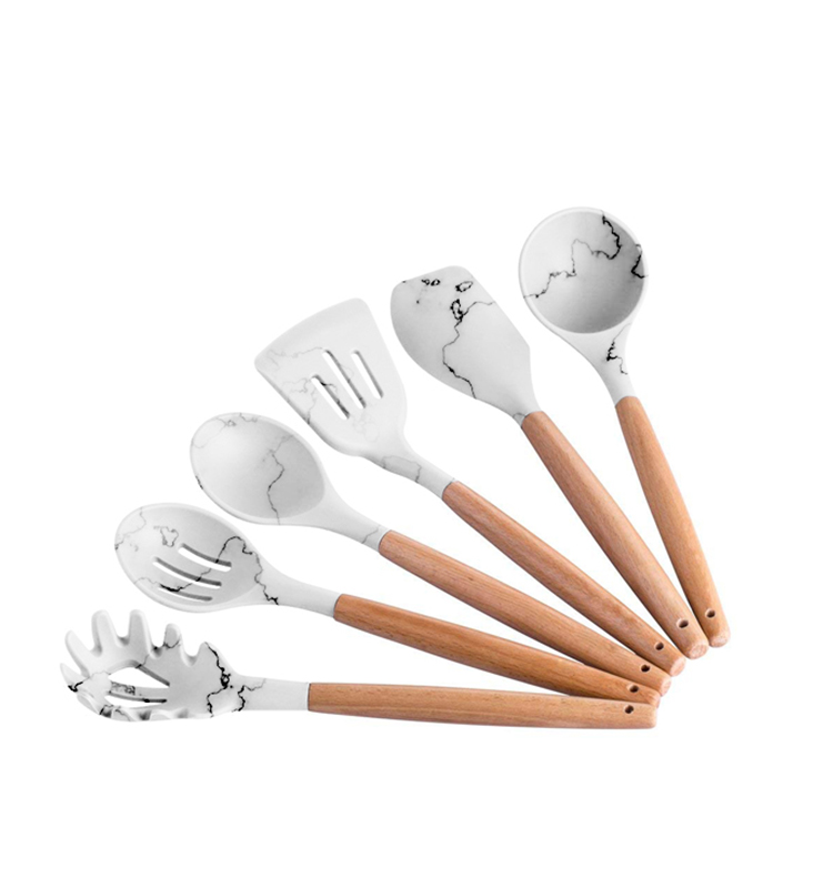 New Custom Marble Speckled Silicone Kitchenware Wooden Handle Cooking Utensil Set