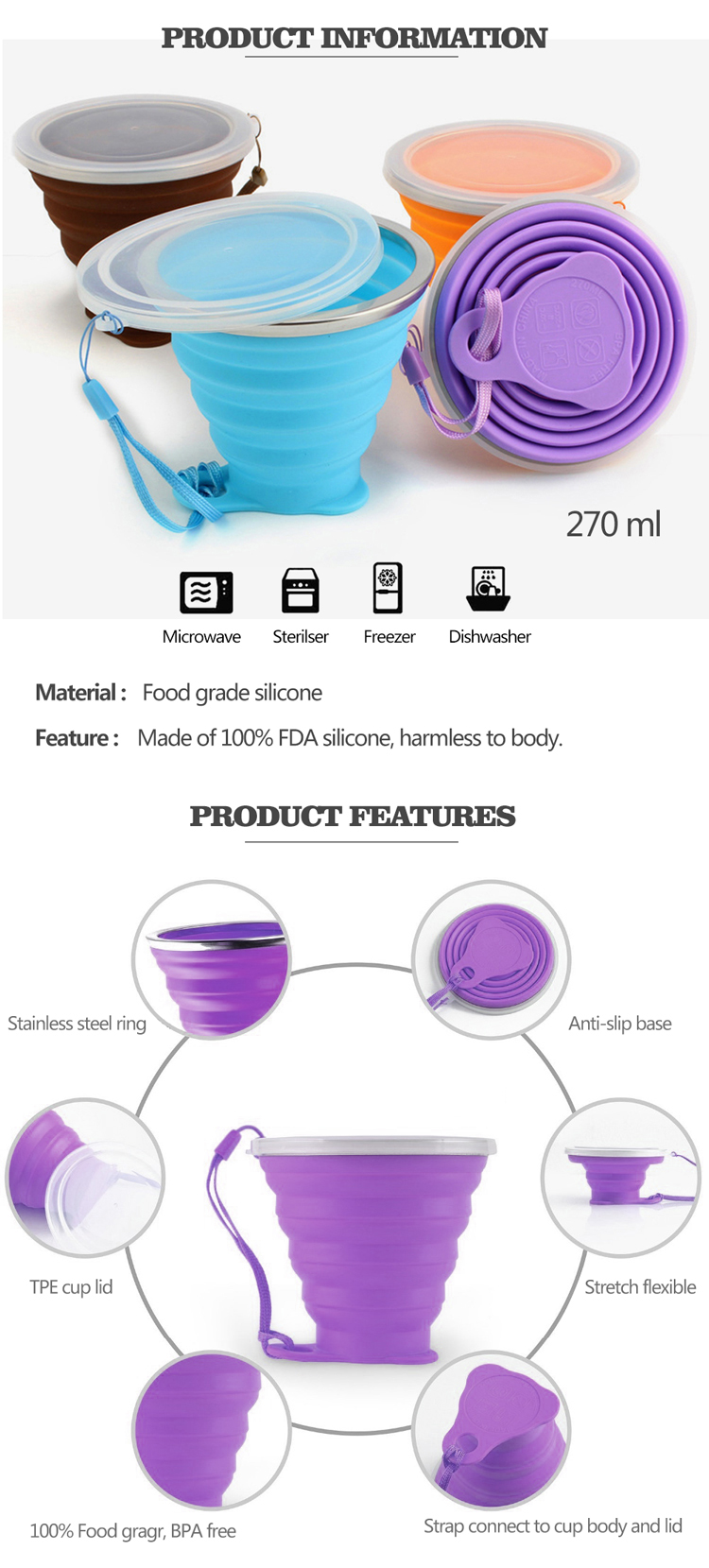 BPA Free Custom Logo Eco Reusable Plastic Lid Silicone Collapsible Folding Drinking Water Coffee Cup For Travel Outdoor