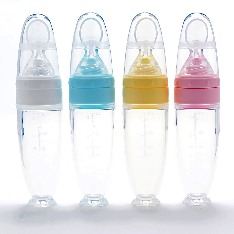 Best Selling Products Hot sale squeezable silicone baby feeding bottle with spoon for Newborn