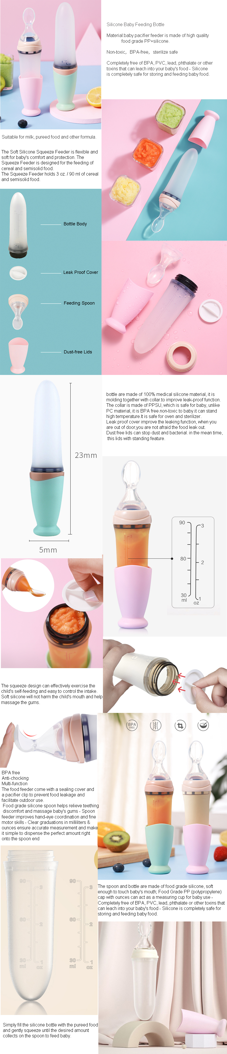 Bpa Free food feeder travel Silicone squeeze baby feeding bottle with dispensing spoon for Cereal and Baby Food