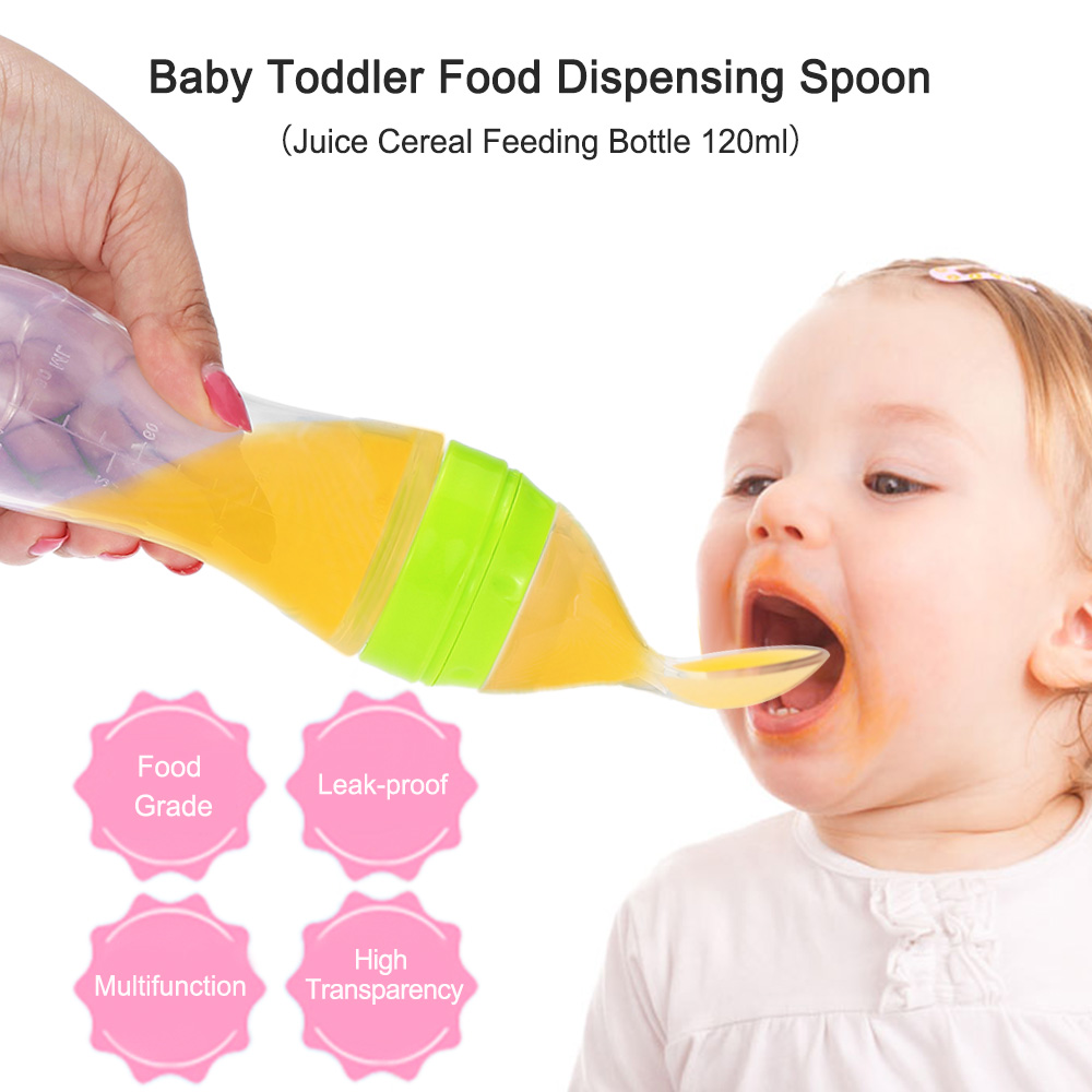 Custom Label 120ml Baby Silicone Feeding Bottle Newborn Squeezing Feed Spoon Training Scoop Rice Milk Cereal Feeder