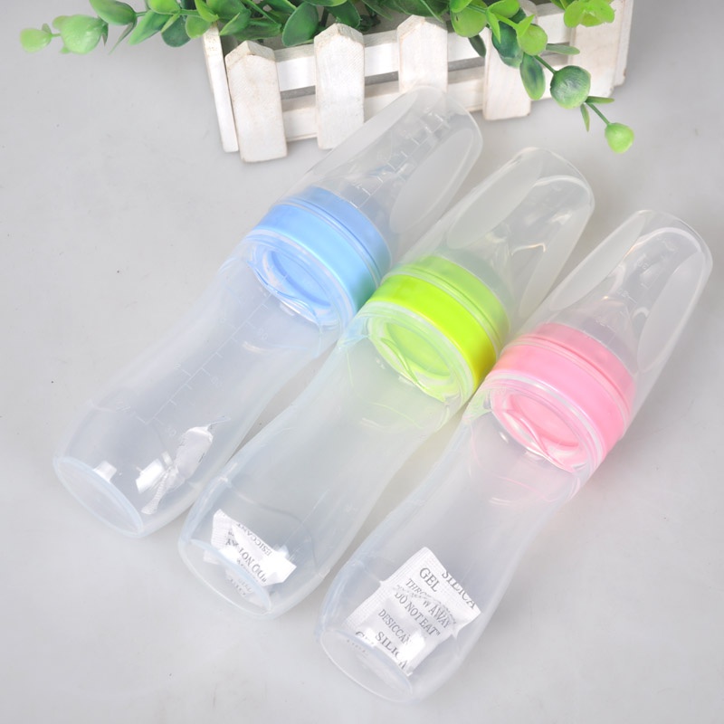 Custom Label 120ml Baby Silicone Feeding Bottle Newborn Squeezing Feed Spoon Training Scoop Rice Milk Cereal Feeder