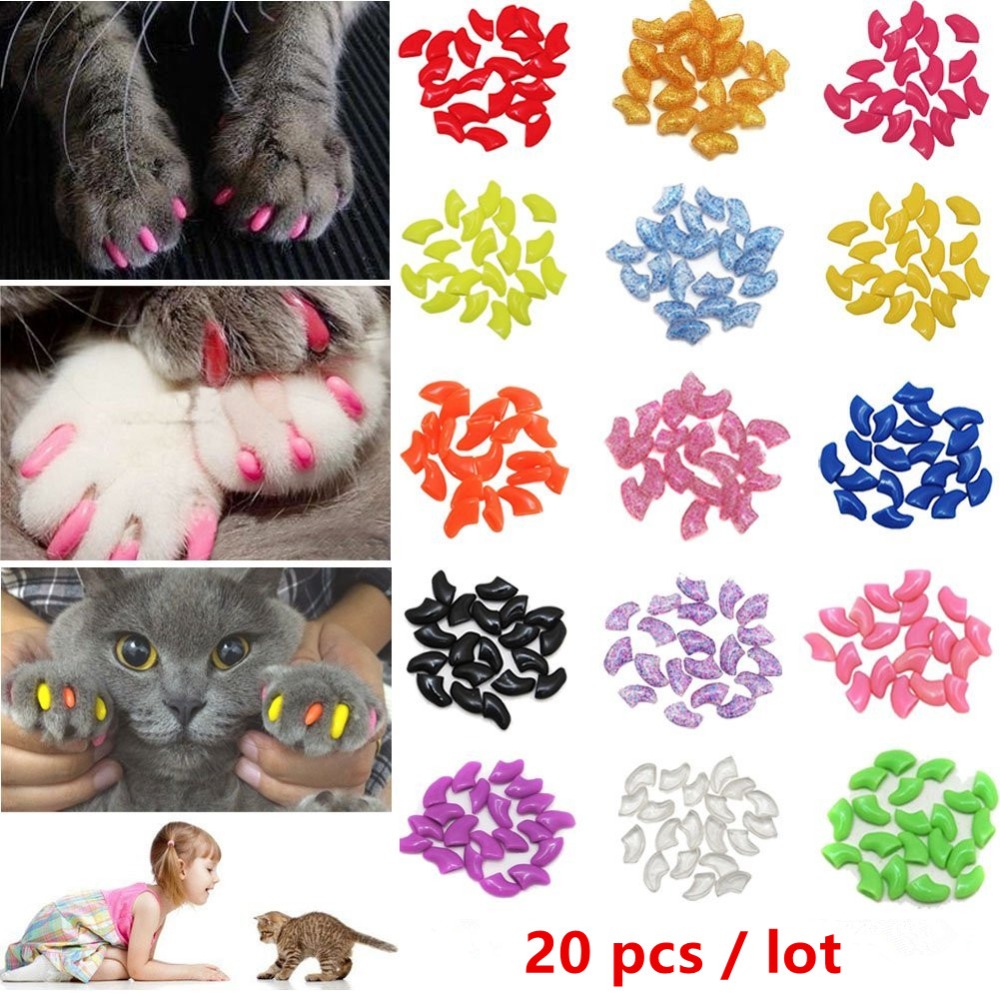 20 pcs Soft Silicone Soft Colorful Cat Paw Claw Pet Nail Protector Nail Cover Cat Grooming Supplies