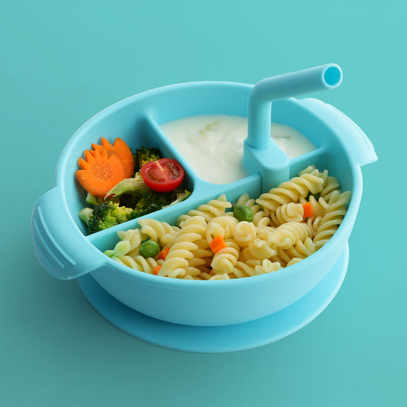 Leatchliving High Quality LFGB Certified Plate Set Silicone Baby Suction Dinner Bowl with Lid and Straw