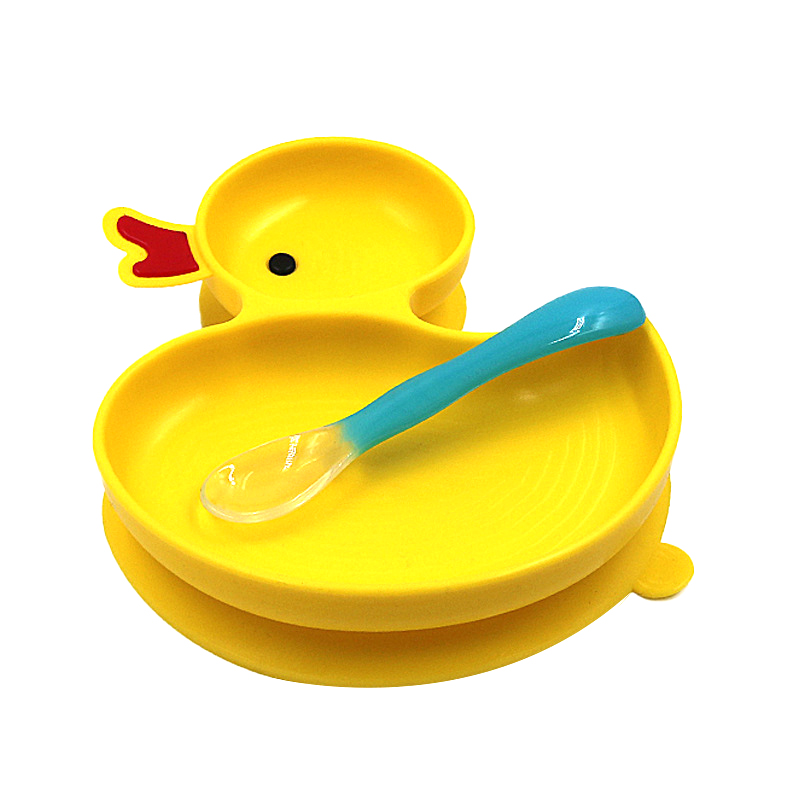 Dishwasher, Microwave and Oven Safe, Non Slip One-piece baby silicone rubber divided dinner suction duck plate for toddlers