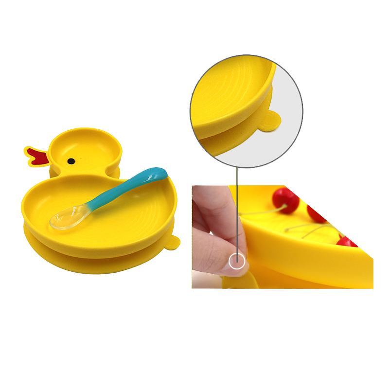 Dishwasher, Microwave and Oven Safe, Non Slip One-piece baby silicone rubber divided dinner suction duck plate for toddlers