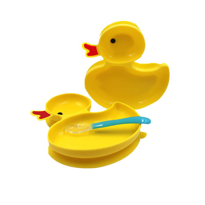 Dishwasher, Microwave and Oven Safe, Non Slip One-piece baby silicone rubber divided dinner suction duck plate for toddlers