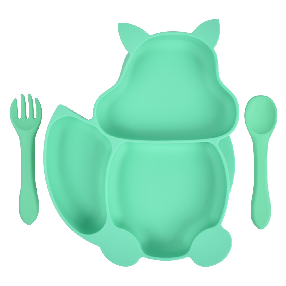 BPA Free Dishwasher Safe Divided Plate Squirrel Animal Shape Children Kids Suction Silicone Baby Plate With Spoon and Fork