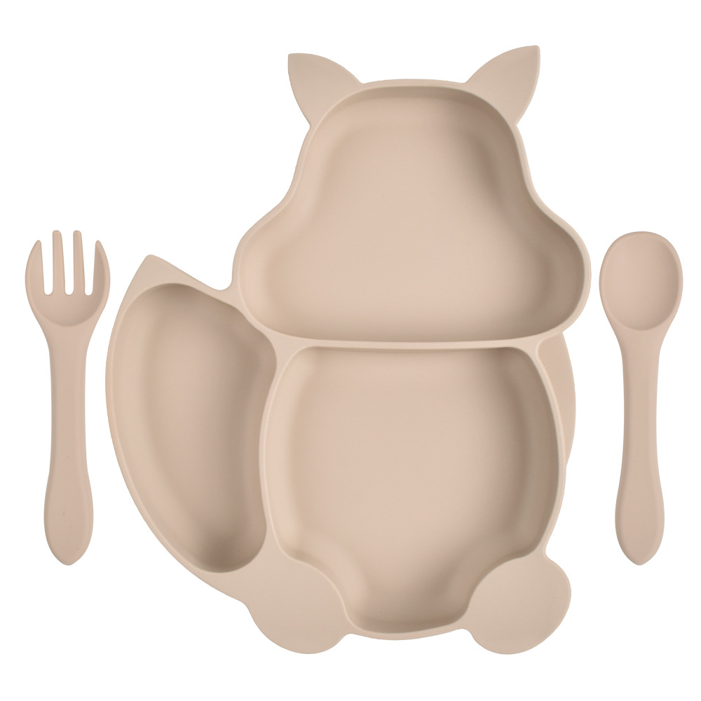 BPA Free Dishwasher Safe Divided Plate Squirrel Animal Shape Children Kids Suction Silicone Baby Plate With Spoon and Fork